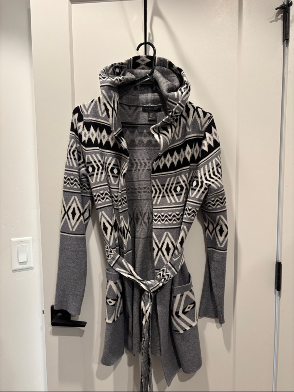 Women's Hooded Aztec Knit Cardigan Sweater - Gray/Black/White
